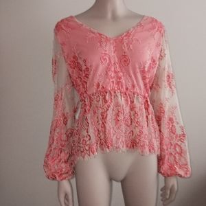 WILLOW AND ROOT pink sheer long sleeve top size small